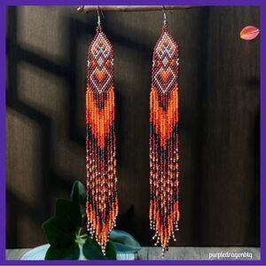 Boho Chic Handcrafted Beaded Earrings - Red, Orange and Black